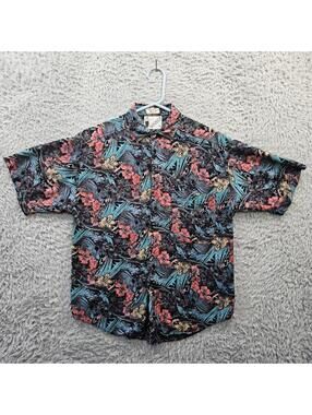 GOOUCH Vintage Rayon Shirt Hawaiian Men Small Black Floral Art All Over Print